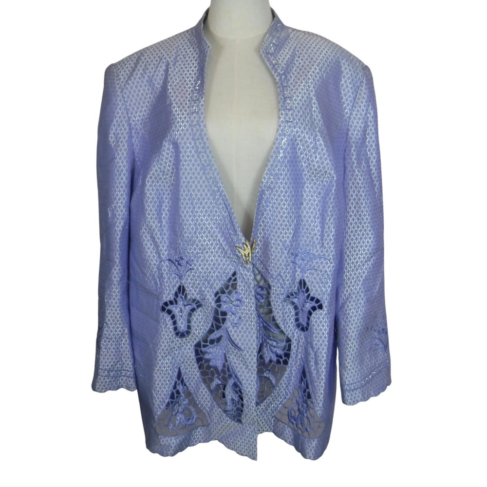 VTG.GOSPEL Womens 24W Blue Brocade‎ Lace Trim Jacket Blazer Formal Occasion